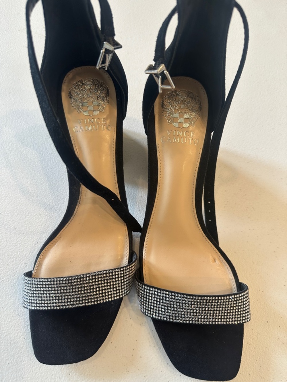 Vince Camuto Black Suede Rhinestone Strap Slingback Heels